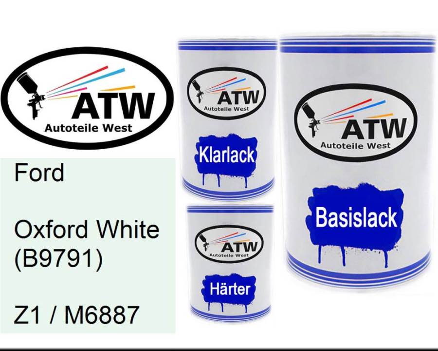 Ford, Oxford White (B9791), Z1 / M6887: 500ml Lackdose + 500ml Klarlack + 250ml Härter - Set, von ATW Autoteile West.